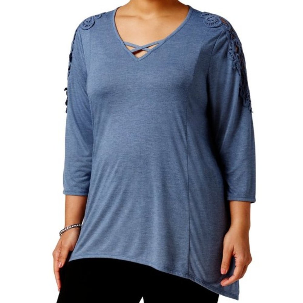 Style & Co Top Lattice V-Neck Crochet Trim Sleeves Blue Women's Plus 1X NEW